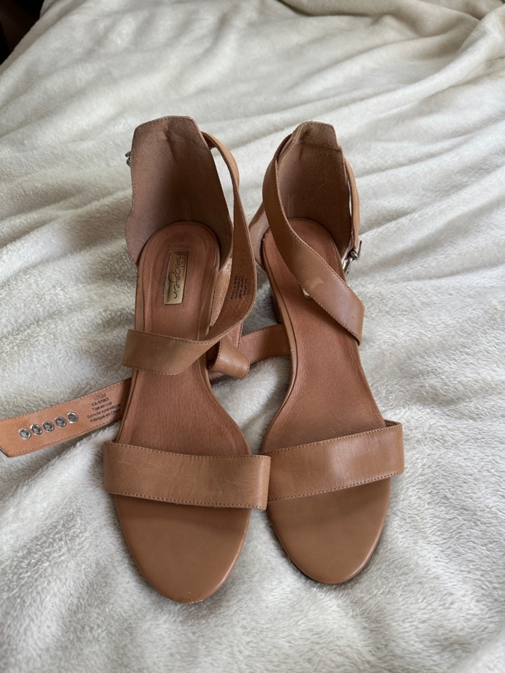 Halogen Tan Leather Ankle-Strap Block Heel Sandals